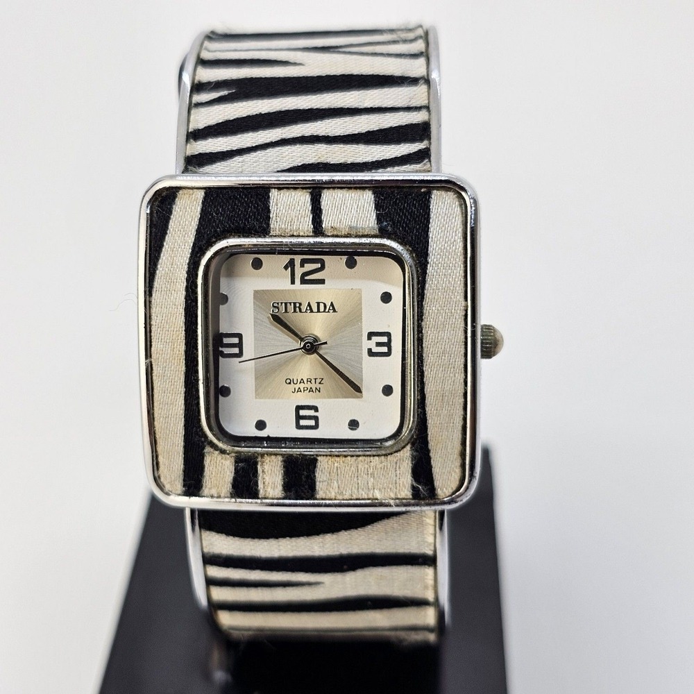 Strada Women's Watch 35MM Zebra Design Cuff White Dial 6" New Battery